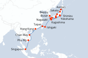 carte itinéraire croisière Asie 28 jours au départ du port de Yokohama