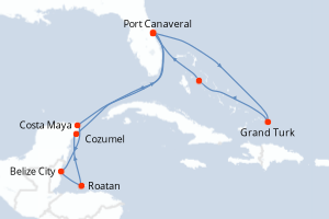 carte itinéraire croisière Caraïbes Bahamas 12 jours au départ du port de Port Canaveral