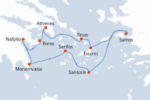 carte itinéraire croisière Iles Grecques 7 jours au départ du port de Athenes