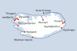 Itinéraire croisière Aurora expeditions au départ de Reykjavik