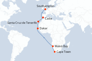 Itinéraire croisière Cunard au départ de Cape Town