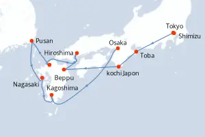 Carte de l’itinéraire du Seabourn Encore · 13 jours / 12 nuits, Extrême-Orient