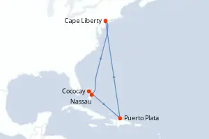 Carte de l’itinéraire de l’Oasis of the Seas · 10 jours / 9 nuits, Bahamas