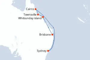 Carte de l’itinéraire de l’Oceania Riviera · 13 jours / 12 nuits, Australie & Nouvelle-Zélande
