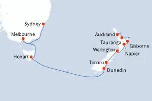 Carte de l’itinéraire de l’Oceania Riviera · 15 jours / 14 nuits, Australie & Nouvelle-Zélande