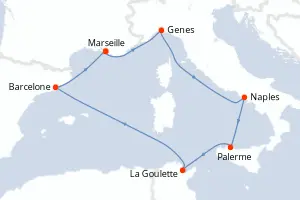 Carte de l’itinéraire du MSC Euribia · 8 jours / 7 nuits, Méditerranée occidentale