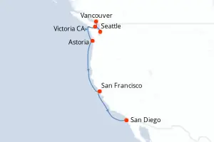 Carte de l’itinéraire de l’Azamara Quest · 8 jours / 7 nuits, Amérique du Nord