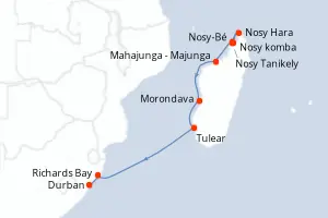 Carte de l’itinéraire du Dumont d Urville · 12 jours / 11 nuits, Océan Indien