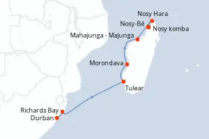 Carte de l’itinéraire du Dumont d Urville · 12 jours / 11 nuits, Océan Indien