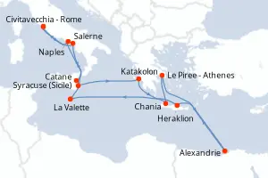 Carte de l’itinéraire de l’Azamara Onward · 18 jours / 17 nuits, Méditerranée occidentale