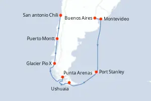 Carte de l’itinéraire du MS Oosterdam · 16 jours / 15 nuits, Amérique du Sud