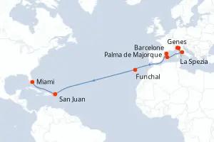 Carte de l’itinéraire du MSC Grandiosa · 19 jours / 18 nuits, Méditerranée occidentale