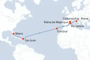 Carte de l’itinéraire du MSC Grandiosa · 17 jours / 16 nuits, Méditerranée occidentale