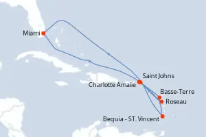 Carte de l’itinéraire du Seven Seas Grandeur · 11 jours / 10 nuits, Petites Antilles