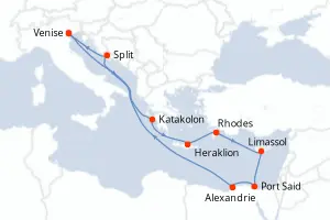 Carte de l’itinéraire du MSC Lirica · 12 jours / 11 nuits, Méditerranée orientale