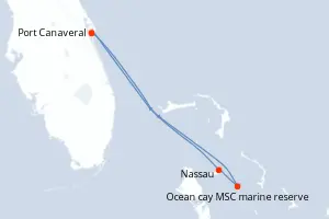 Carte de l’itinéraire du MSC Seashore · 5 jours / 4 nuits, Bahamas