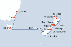 Carte de l’itinéraire de l’Azamara Pursuit · 17 jours / 16 nuits, Australie & Nouvelle-Zélande