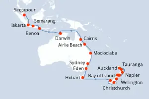 Carte de l’itinéraire de l’Azamara Pursuit · 36 jours / 35 nuits, Australie & Nouvelle-Zélande