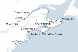 Carte de l’itinéraire du Seven Seas Grandeur · 12 jours / 11 nuits, Canada / Nouvelle-Angleterre
