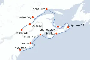 Carte de l’itinéraire du Seven Seas Grandeur · 12 jours / 11 nuits, Canada / Nouvelle-Angleterre