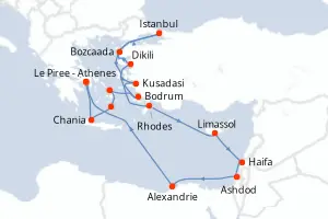 Carte de l’itinéraire du Seven Seas Mariner · 21 jours / 20 nuits, Méditerranée orientale
