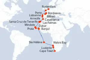 Carte de l’itinéraire du MS Volendam · 36 jours / 35 nuits, Îles de l'Atlantique
