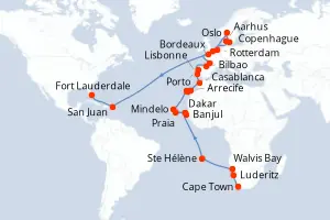 Carte de l’itinéraire du MS Volendam · 55 jours / 54 nuits, Îles de l'Atlantique