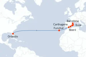 Carte de l’itinéraire du Norwegian Epic · 15 jours / 14 nuits, Méditerranée occidentale