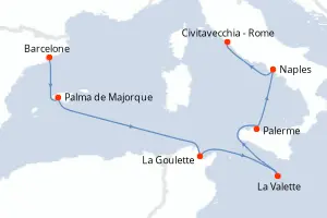 Carte de l’itinéraire du Norwegian Epic · 8 jours / 7 nuits, Méditerranée occidentale