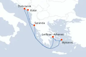 Carte de l’itinéraire du Scarlet Lady · 8 jours / 7 nuits, Cyclades