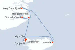 Carte de l’itinéraire du SH Vega · 11 jours / 10 nuits, Islande