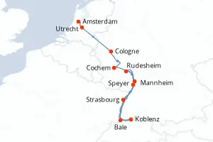 Carte de l’itinéraire de l’Amadeus Queen · 8 jours / 7 nuits, Rhin · Main · Moselle