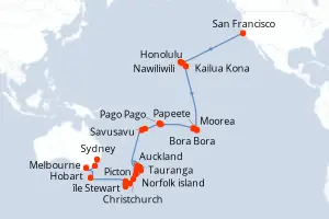 Carte de l’itinéraire de l’Azamara Quest · 49 jours / 48 nuits, Australie & Nouvelle-Zélande