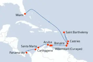 Carte de l’itinéraire du Seven Seas Grandeur · 15 jours / 14 nuits, Caraïbes méridionales