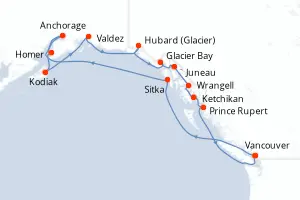 Carte de l’itinéraire du MS Zaandam · 19 jours / 18 nuits, Alaska