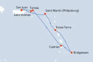 Carte de l’itinéraire du Norwegian Prima · 8 jours / 7 nuits, Petites Antilles