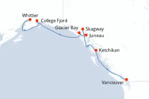 Carte de l’itinéraire du Crown Princess · 8 jours / 7 nuits, Alaska
