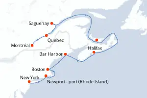 Carte de l’itinéraire du Seabourn Quest · 13 jours / 12 nuits, Canada / Nouvelle-Angleterre