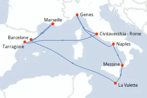 Carte de l’itinéraire du MSC Magnifica · 11 jours / 10 nuits, Méditerranée occidentale