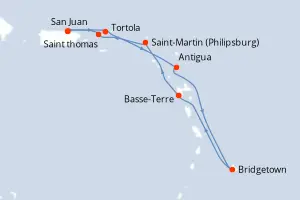 Carte de l’itinéraire du Norwegian Prima · 8 jours / 7 nuits, Petites Antilles