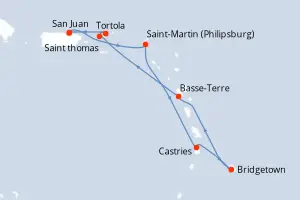 Carte de l’itinéraire du Norwegian Prima · 8 jours / 7 nuits, Petites Antilles