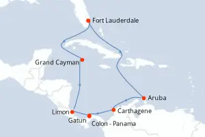 Carte de l’itinéraire du Caribbean Princess · 13 jours / 12 nuits, Caraïbes méridionales