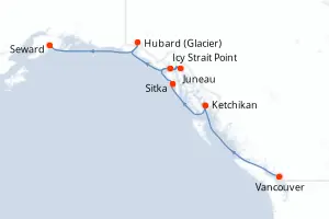 Carte de l’itinéraire du Celebrity Solstice · 8 jours / 7 nuits, Alaska