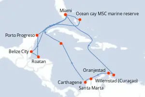 Carte de l’itinéraire de l’EXPLORA I · 19 jours / 18 nuits, Caraïbes