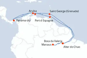 Carte de l’itinéraire du Seven Seas Grandeur · 23 jours / 22 nuits, Caraïbes