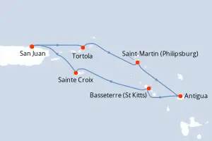 Carte de l’itinéraire du Rhapsody of the Seas · 8 jours / 7 nuits, Petites Antilles