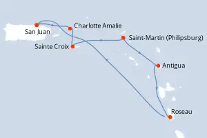 Carte de l’itinéraire du Rhapsody of the Seas · 8 jours / 7 nuits, Petites Antilles