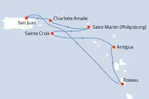 Carte de l’itinéraire du Rhapsody of the Seas · 8 jours / 7 nuits, Petites Antilles