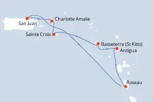 Carte de l’itinéraire du Rhapsody of the Seas · 8 jours / 7 nuits, Petites Antilles