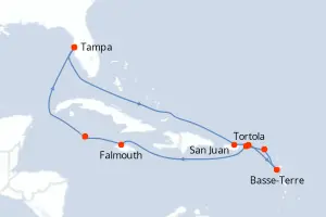 Carte de l’itinéraire du Norwegian Gem · 13 jours / 12 nuits, Petites Antilles